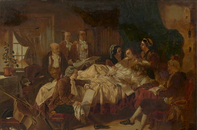 En død eller døende Mozart i en seng med personer i 1700-tallsklær stående og sittende rundt seg.